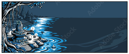 Shivaratri Celebration on Holy River with Shiva Lingam and Diyas at Night