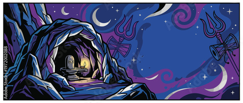 Shivaratri Night Scene with Meditative Hindu Cave and Shiva Lingam