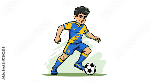 Young Soccer Player Dribbling Ball, Cartoon Style
