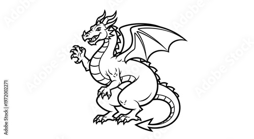 Fantasy Dragon Illustration, Mythical Creature Outline, Cartoon Style, White Background