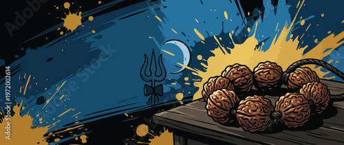 Thanksgiving Shivaratri Rudraksha Beads with Trishul and Moon on Blue Background