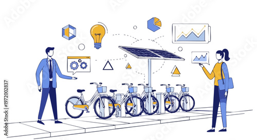 Solar Powered Urban Bike Sharing Station Vector Illustration