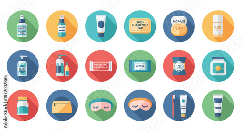 Set of 20 Flat Design Travel Size Toiletries and Skincare Icons Vector
