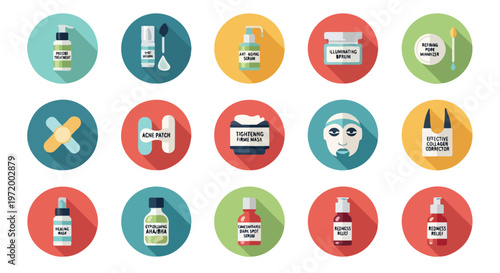 Set of 15 Flat Design Skincare and Beauty Product Icons Vector