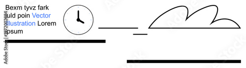 Time management, scheduling, cloud computing, graphic design, minimal art, education. A clock, clouds and lines with placeholder text. Time management and scheduling