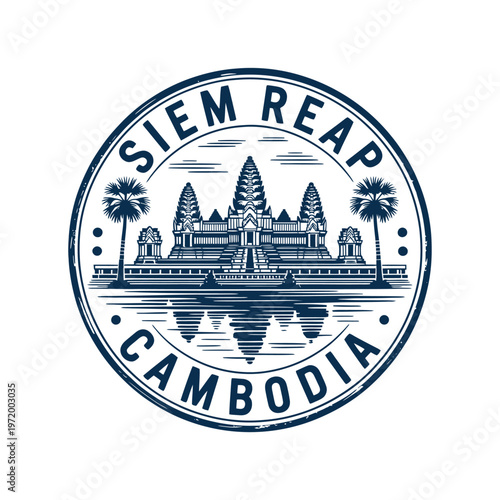 Vintage style emblem featuring angkor wat and siem reap cambodia