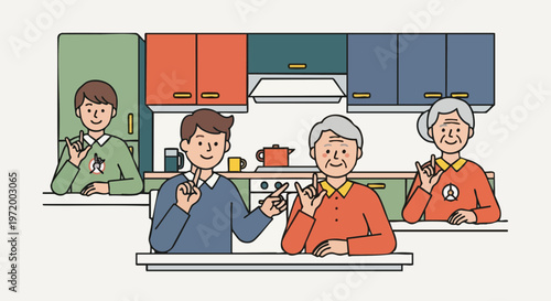 Multigenerational family using sign language in the kitchen