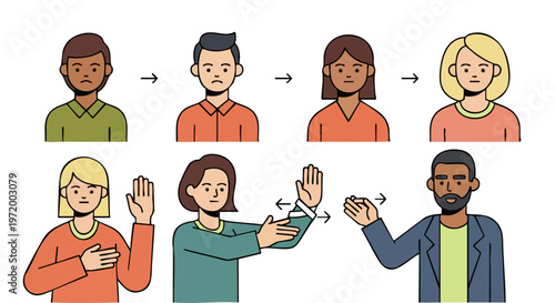 Diverse People Character Set with Action Gestures Flat Vector