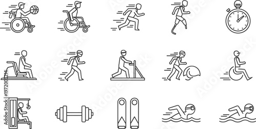 Fitness and sports activity line icons set with exercise, running, wheelchair basketball, swimming, and workout equipment