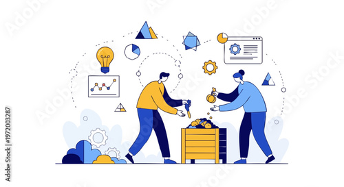 People composting organic waste into a garden bin illustration