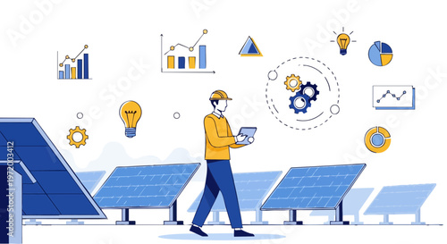Solar farm technician inspecting panels with digital data visualization