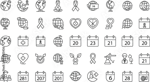 Global health awareness and events line icons set with Earth, medical ribbons, calendar dates, gender equality, and health-focused initiatives