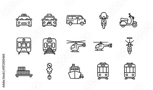 A set of transportation icons in a minimalist line art style