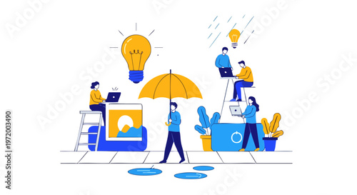 Creative Business Team Working Outdoors with Idea Lightbulb Concept