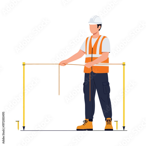 Diligent construction worker in safety vest and hard hat meticulously measuring layout on a site, performing essential survey tasks for project planning and quality assurance