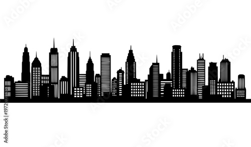 A black silhouette of a city skyline with tall buildings and skyscrapers