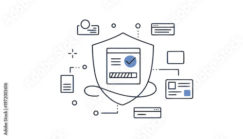 Shielded Website Security Icon with Connected Data Elements.
