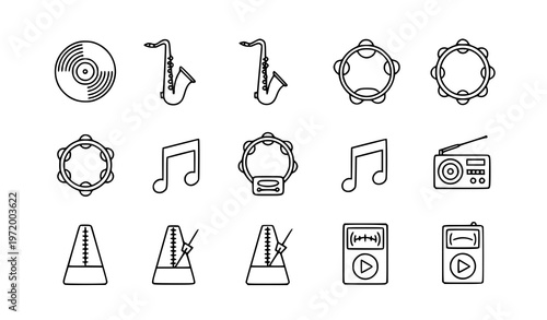 A set of music icons in a minimalist line art style