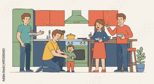 Family Helping Toddler Take First Steps in Modern Kitchen