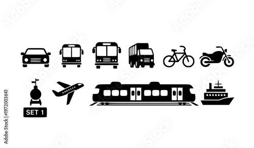 A set of black silhouettes depicting various modes of transportation icons