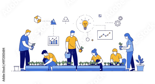 People working together in an urban community garden vector