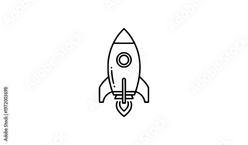 A minimalist line art illustration of a rocket ship blasting off