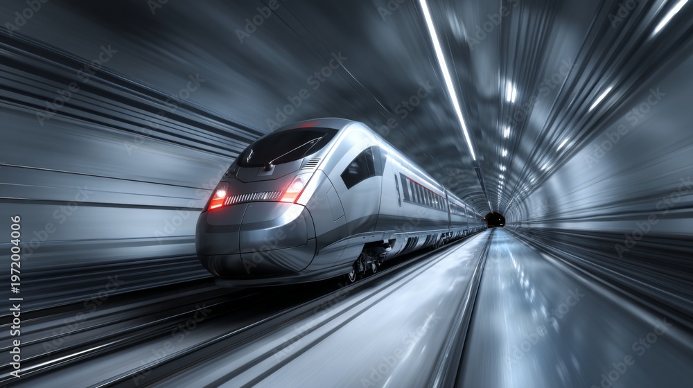Fototapeta premium High-Speed Train in Modern Tunnel with Dynamic Motion Blur Effect