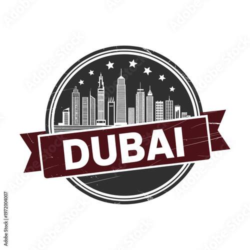 Dubai skyline illustration within a circular badge with a ribbon