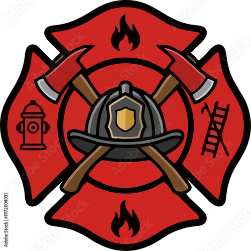 Circular Fire Department Badge Emblem with Firefighter Helmet, Crossed Axes, Hydrant and Ladder