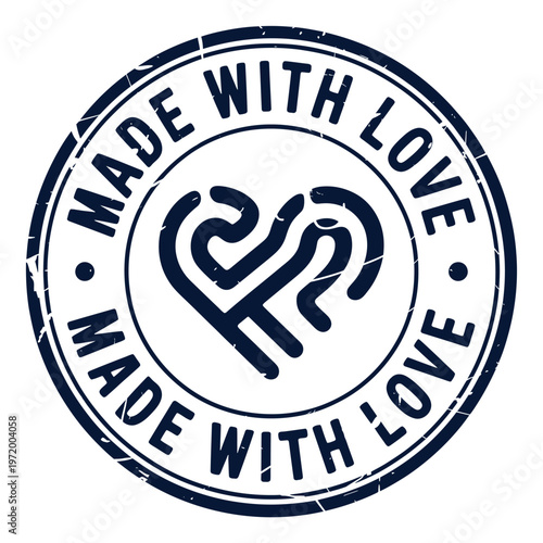 Circular stamp displaying the phrase made with love and a heart