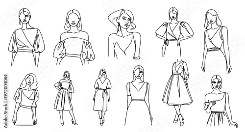 a group of women in various poses and outfits