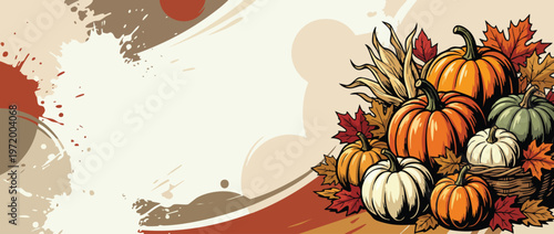 Thanksgiving Pumpkin Arrangement with Autumn Leaves and Corn Stalks Illustration