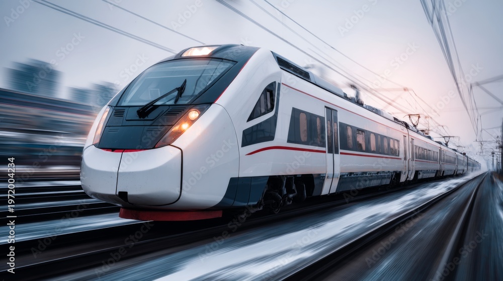 Fototapeta premium Modern High-Speed Train Racing Through Landscape in Motion Blur