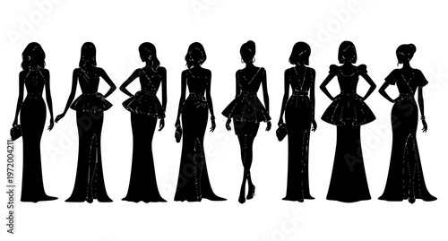 seven elegant women in formal dresses