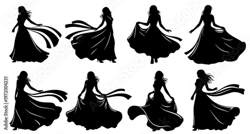 seven black silhouettes of women in dancing poses