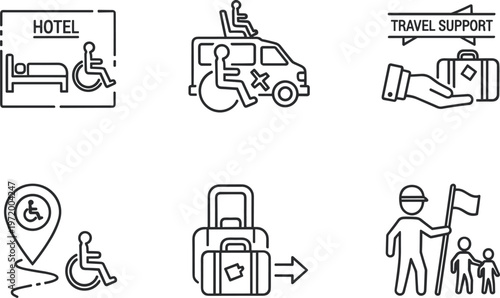 Accessible travel and mobility support line icons set with wheelchair accessible hotel, transportation, luggage assistance, and travel guidance
