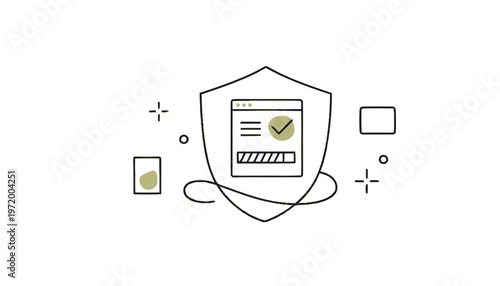 Shield with Website Loading Bar and Checkmark Icon Illustration.