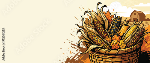 Thanksgiving Harvest Basket Filled with Fresh Corn and Pumpkins for Seasonal Decor