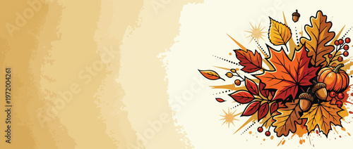 Thanksgiving Harvest Background with Autumn Leaves Pumpkins and Acorns