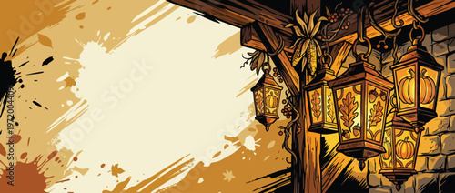 Thanksgiving Harvest Lanterns Decorate Wooden Beams Background Template