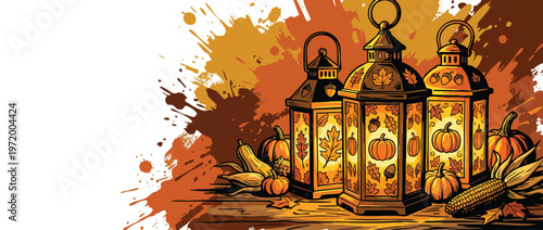 Thanksgiving Harvest Lanterns with Pumpkins and Autumn Decor for Celebration Use