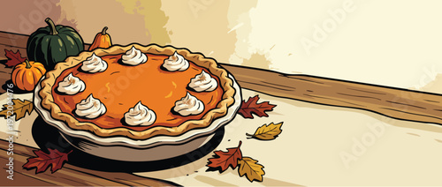 Thanksgiving Pumpkin Pie with Whipped Cream Festive Fall Harvest Illustration