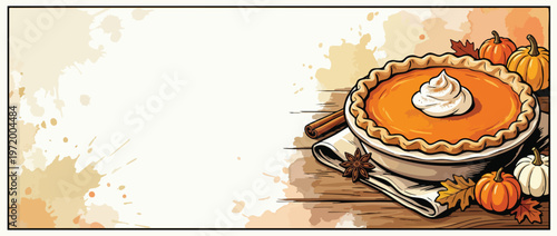 Thanksgiving Pumpkin Pie Presentation with Harvest Decorations and Place for Text