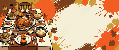 Thanksgiving Feast Dining Table Illustration with Seasonal Food and Autumn Leaves Design
