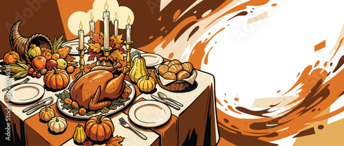 Thanksgiving Feast Dining Table Corner with a Turkey Cornucopia and Candles