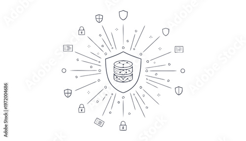 Shield with multiple protection icons around.