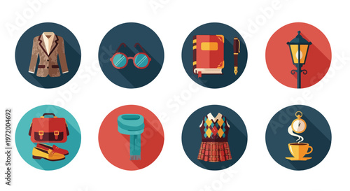 Set of 8 Flat Design Dark Academia Style Vector Icons