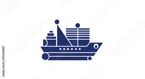 Stylized Blue Cargo Ship Illustration on White Background.