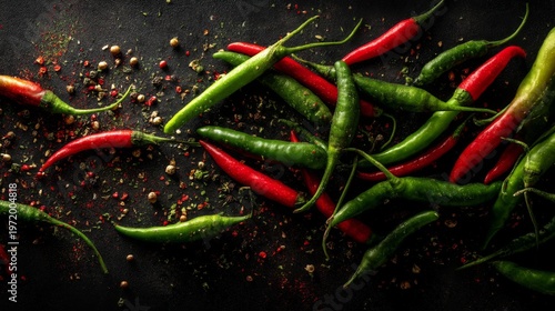 Colorful Assortment of Spicy Red and Green Chili Peppers on Dark Surface
