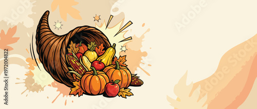 Thanksgiving Abundance Horn Filled with Autumn Harvest Produce Illustration Banner